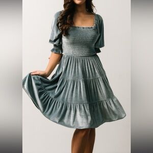 Baltic Born Bliss Smocked Velvet Short Dress Dusty Blue